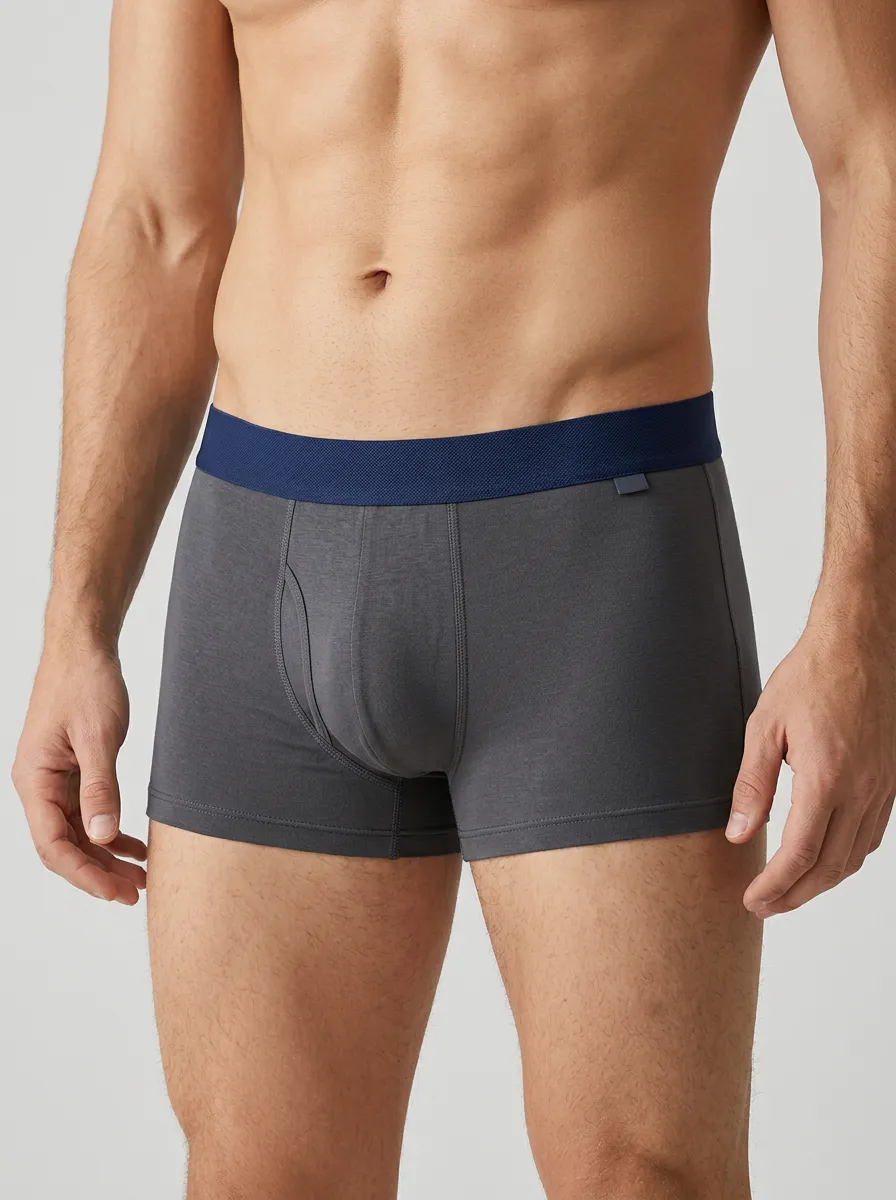 Men's Grey Solid Color Blue Waistband Printed Boxer Briefs