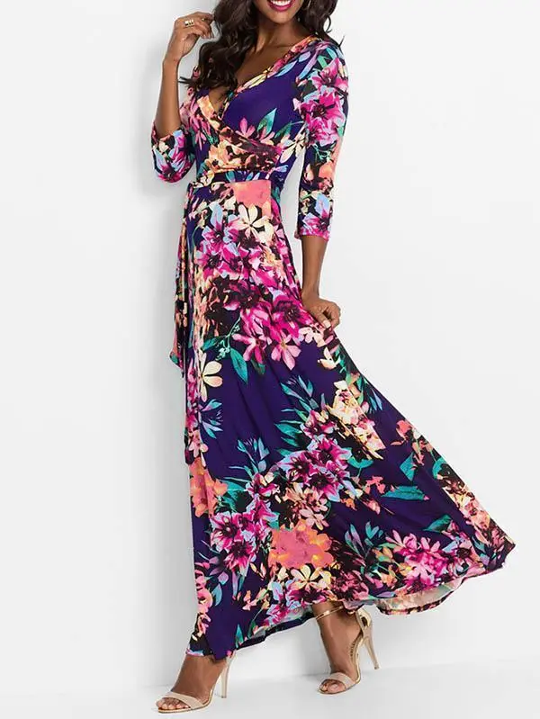 Waisted V-neck Printed Maxi Dress