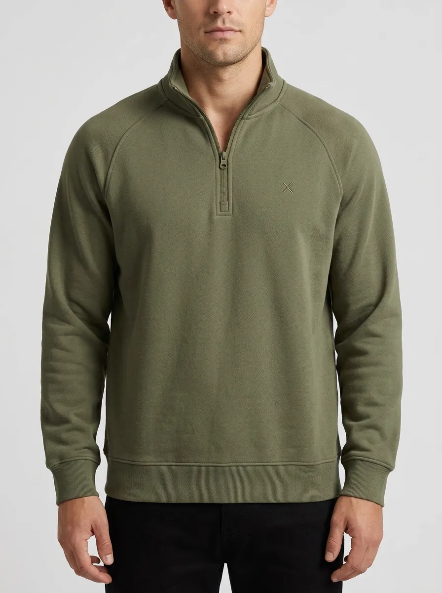 Men's Minimalist Textured Raglan Embroidered Stand-Collar Quarter-Zip Sweatshirt