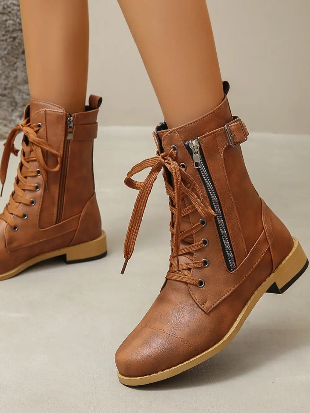 Pu Leather Lace-Up Boots