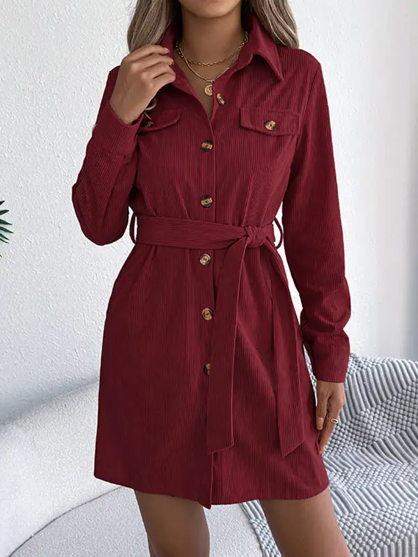 Elasticated Waist Long Sleeve Belted Buttoned Single Breasted Solid Color Lapel