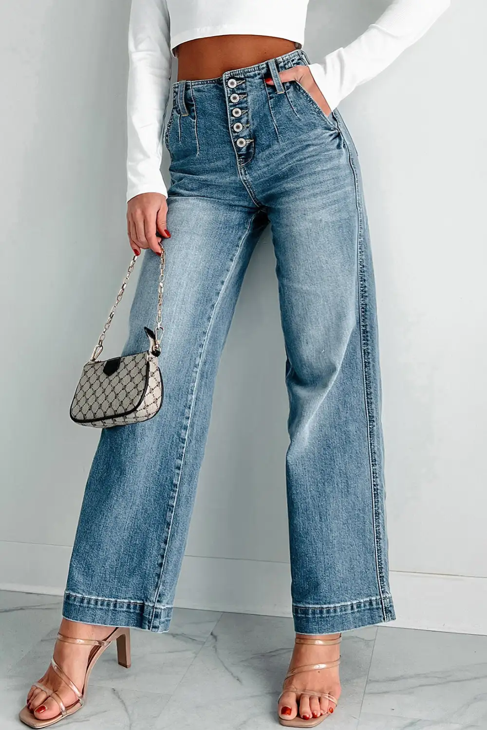 High-Waist Washed Straight Leg Jeans