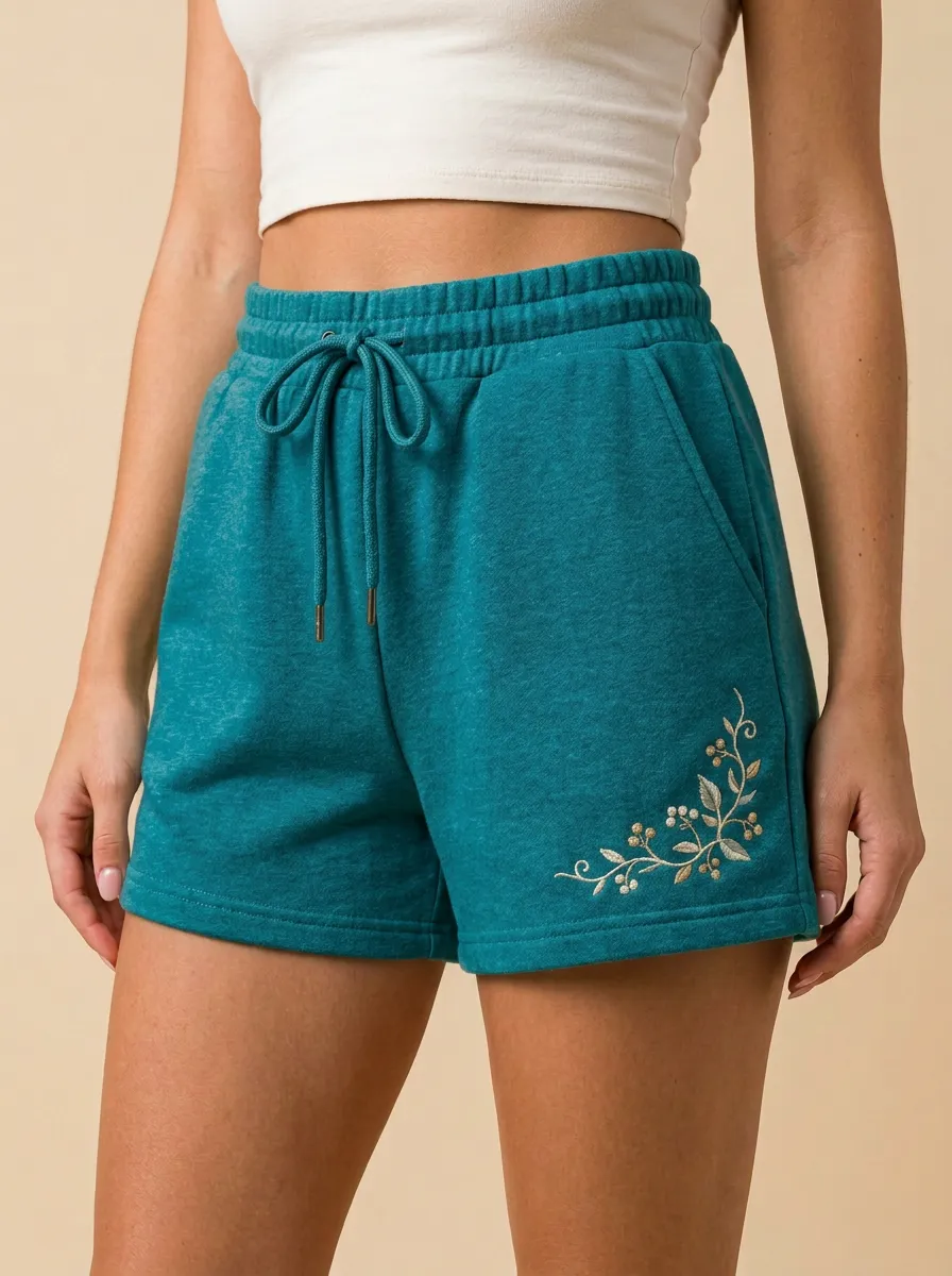 Women's Floral Hem-Embroidered Drawstring Shorts