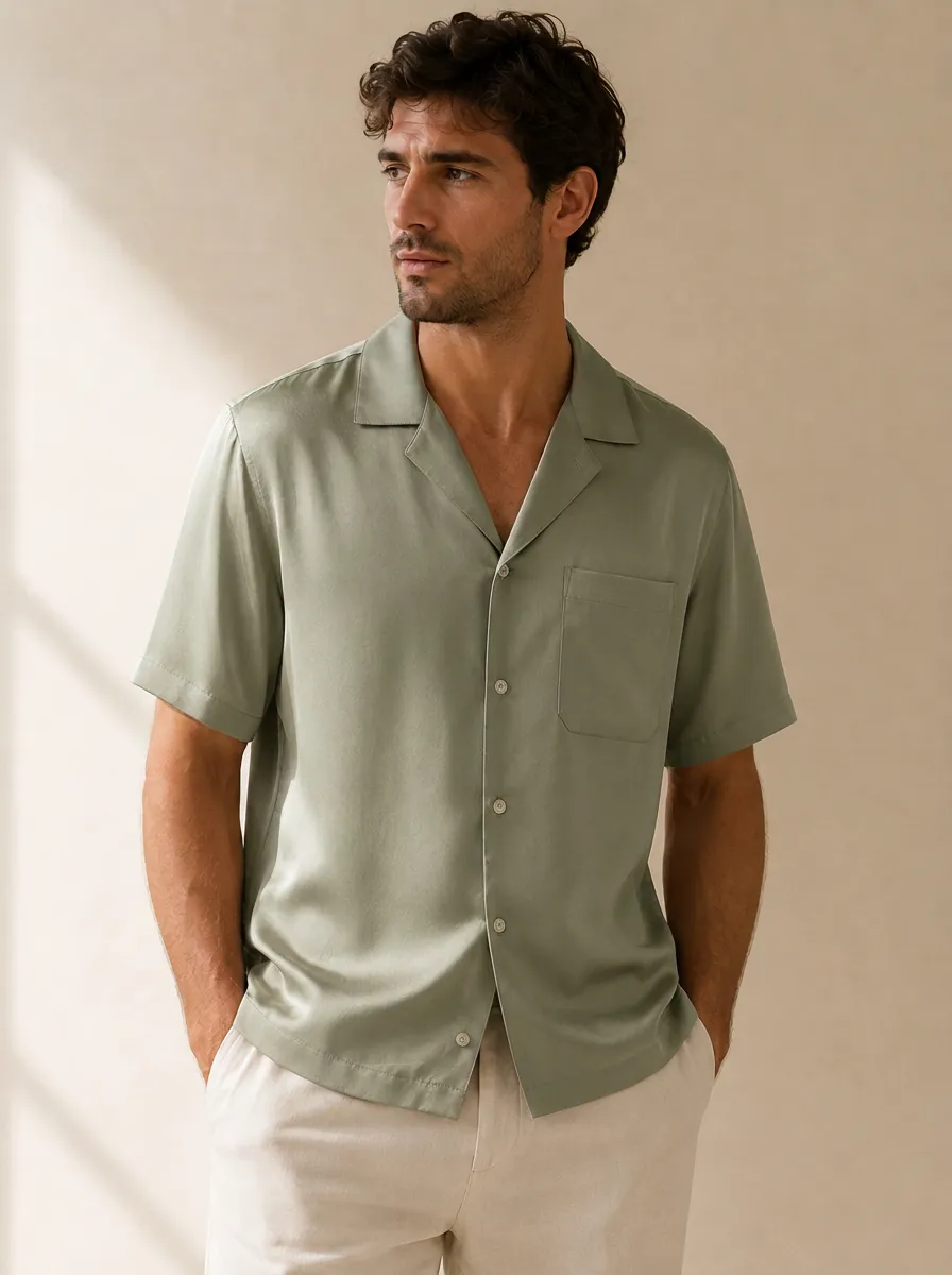 Men's Minimalist Sage Green Satin Camp Collar Shirt