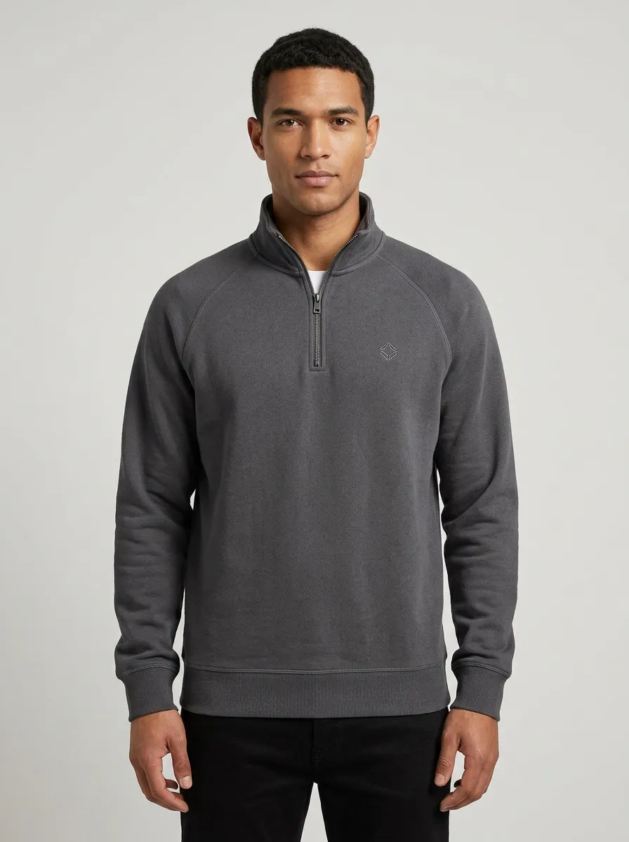 Men's Casual Minimalist Textured Raglan Embroidered Emblem Stand-Collar Quarter-Zip Sweatshirt