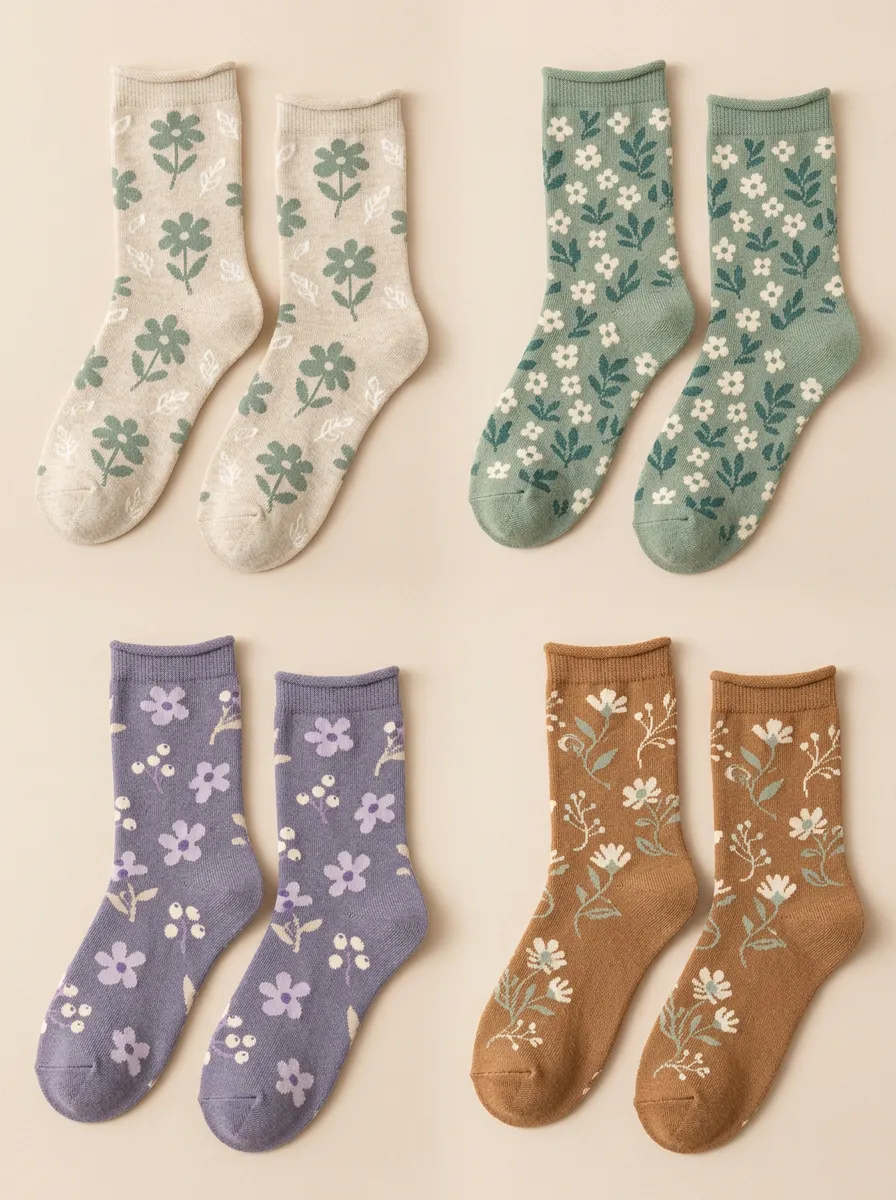 Women's Botanical Floral Rolled Edge Crew Socks Four Pair Set