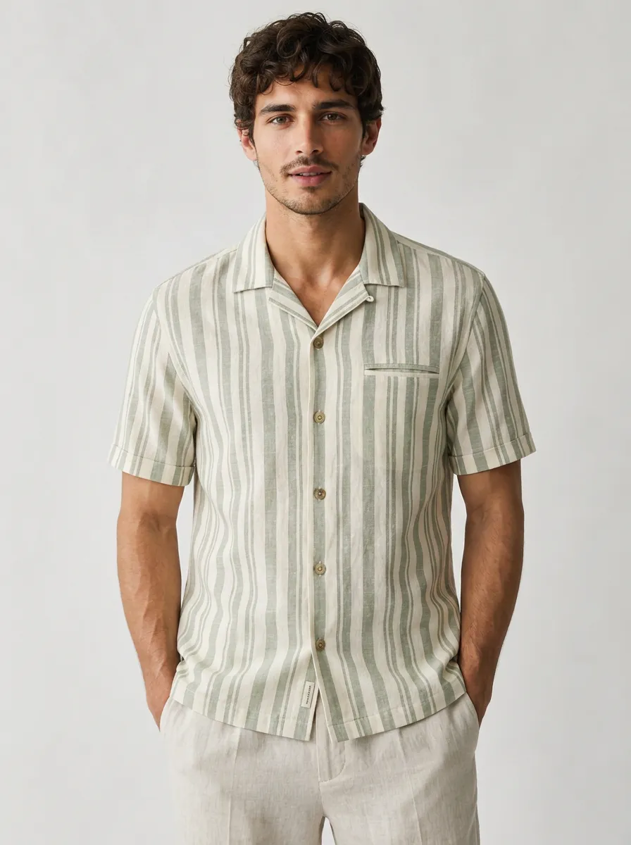 Men's Sage Green Striped Camp Collar Short Sleeve Shirt
