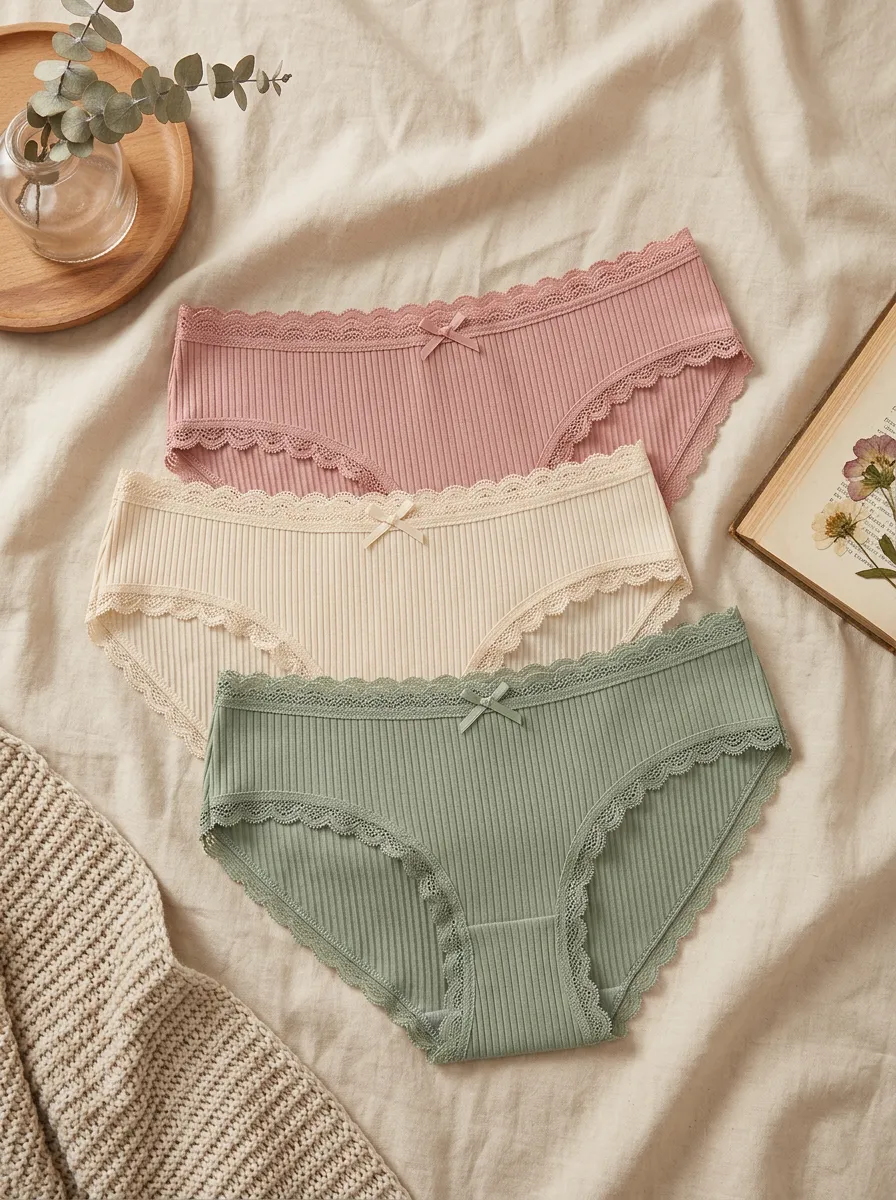 Women's Lace Trim Ribbed Bow Detail 3-Piece Underwear Set