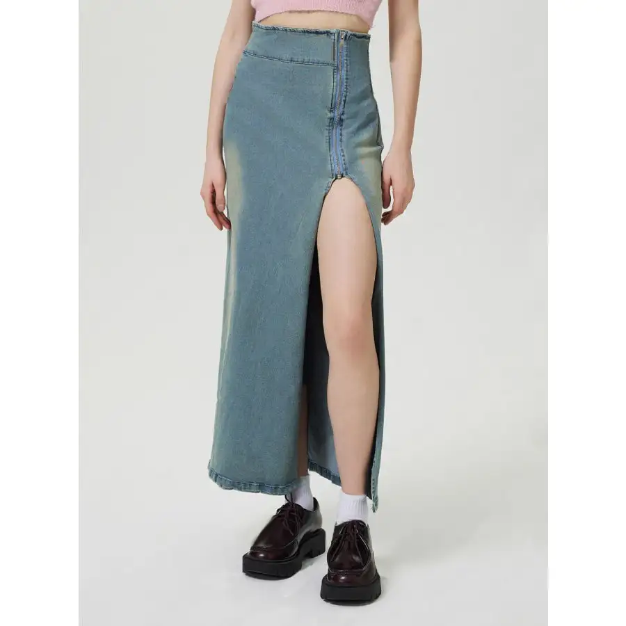 Slit Denim Skirt with Zip