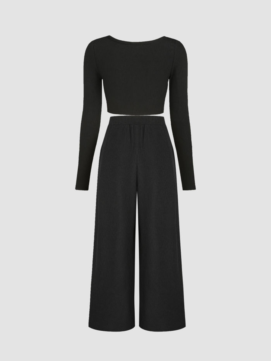 Solid Knitted Crop Top & Wide Leg Trousers Set