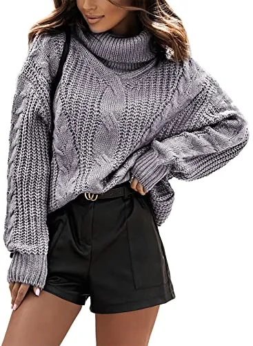 Women's 2025 Turtleneck Balloon Long Sleeve Casual Loose Chunky Cable Knit Pullover Sweater Outerwear