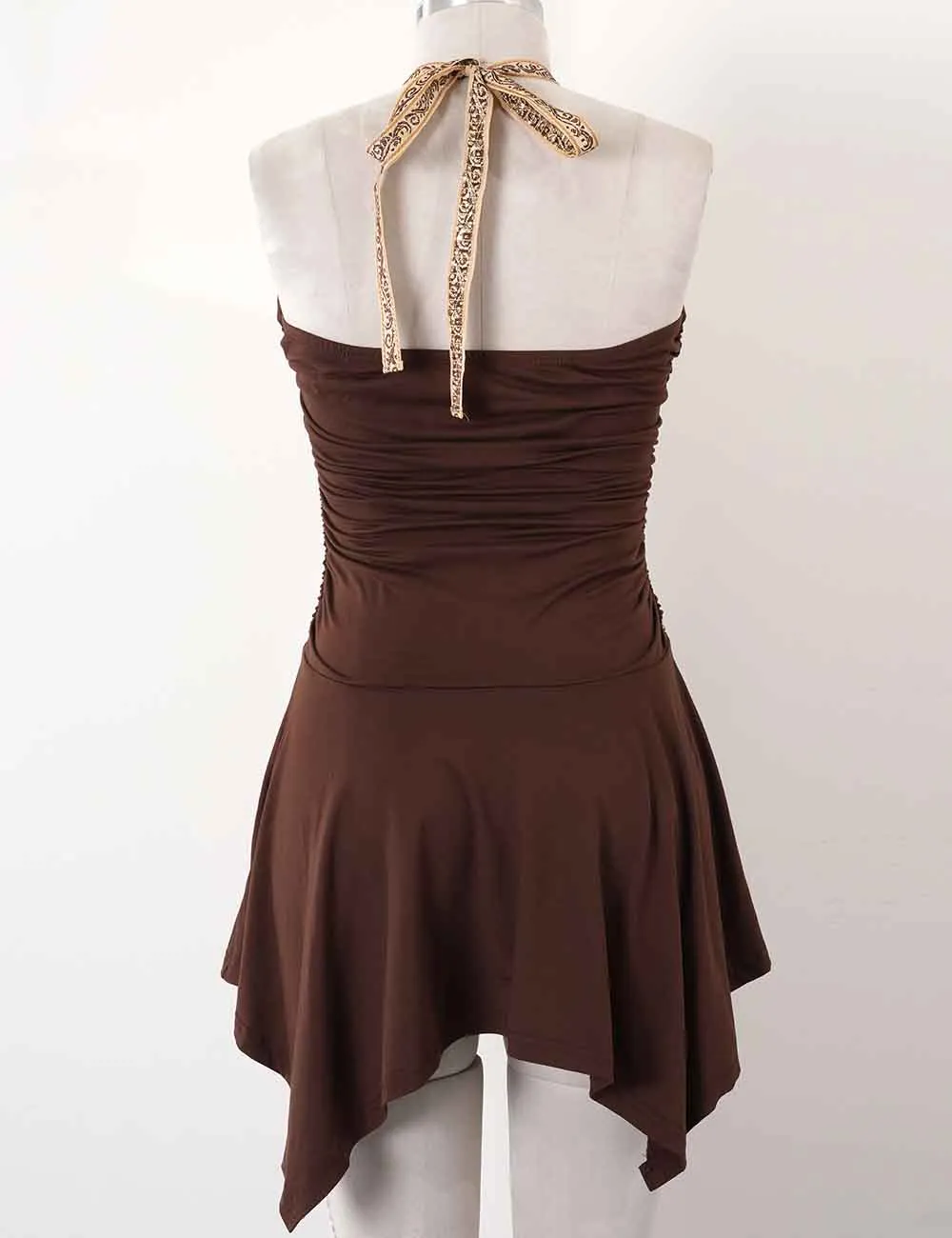 Halter Neck Ruched Contrast Trim Irregular Mini Dress