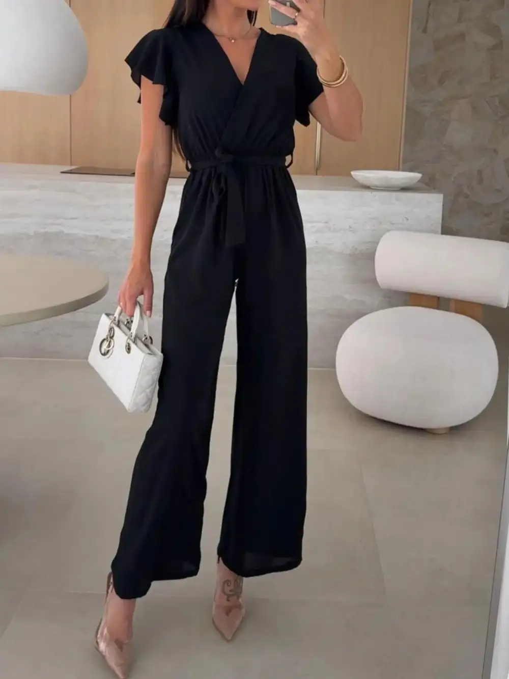 Surplice Wide Leg Belted Jumpsuit Pants