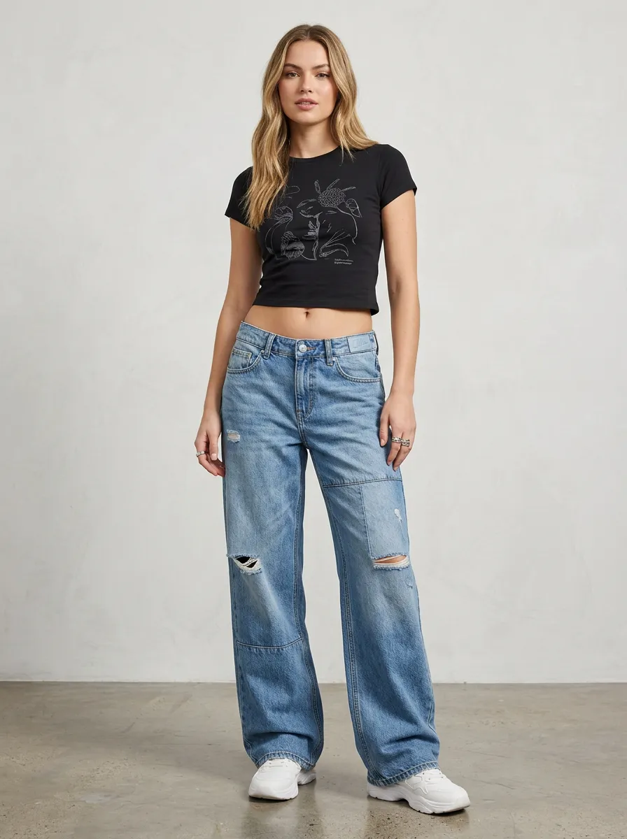Women's Distressed Wide Leg Denim Printed Jeans