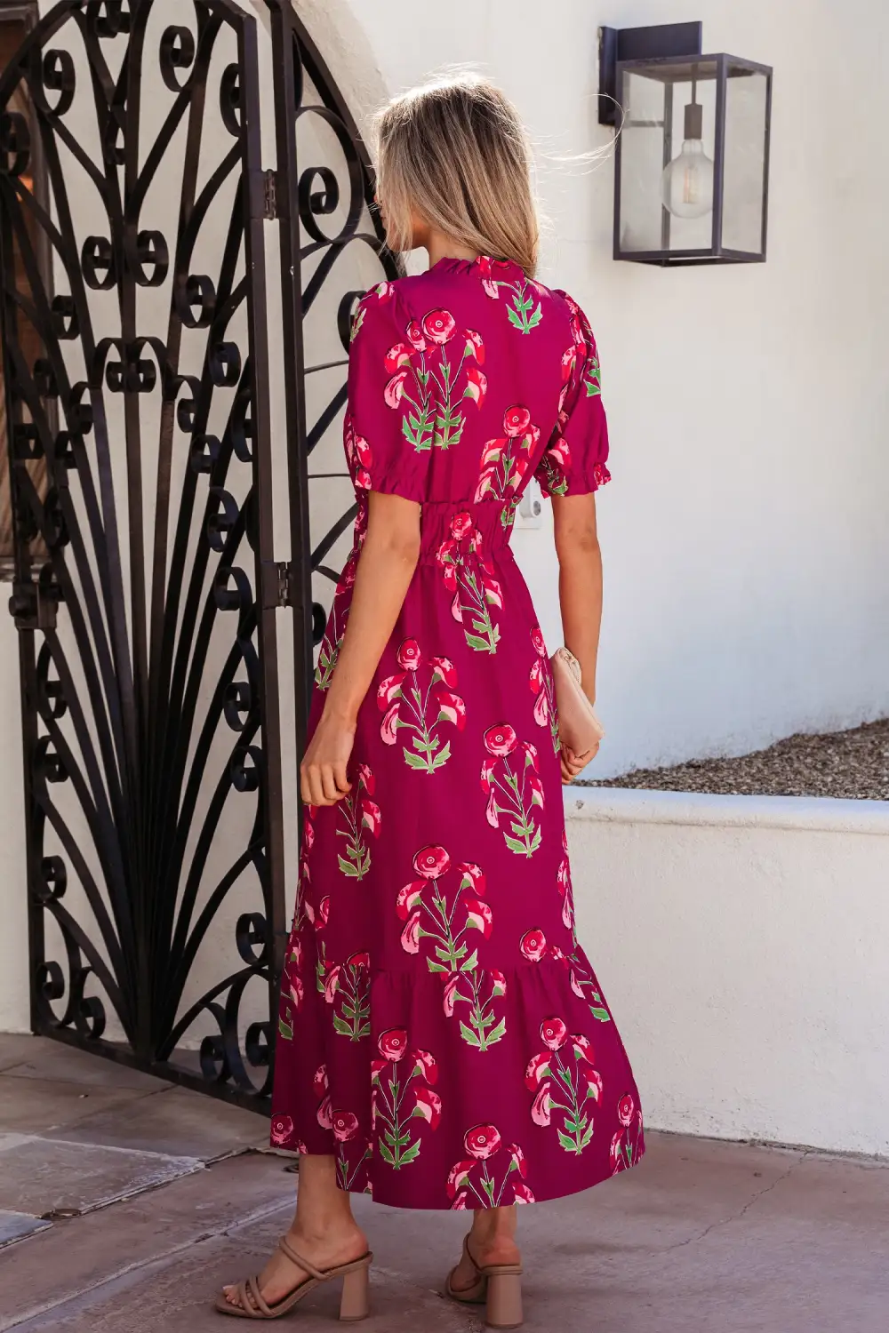 Gathered Detail Floral Printed V Neck Maxi Dress