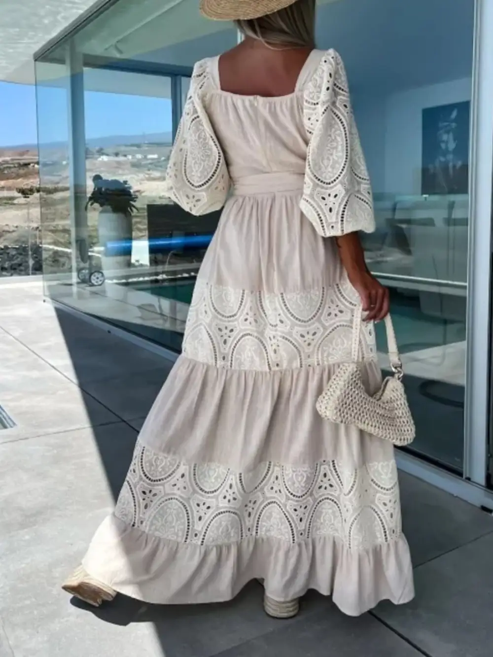 Lace Tie Waist Ruffle Maxi Dress