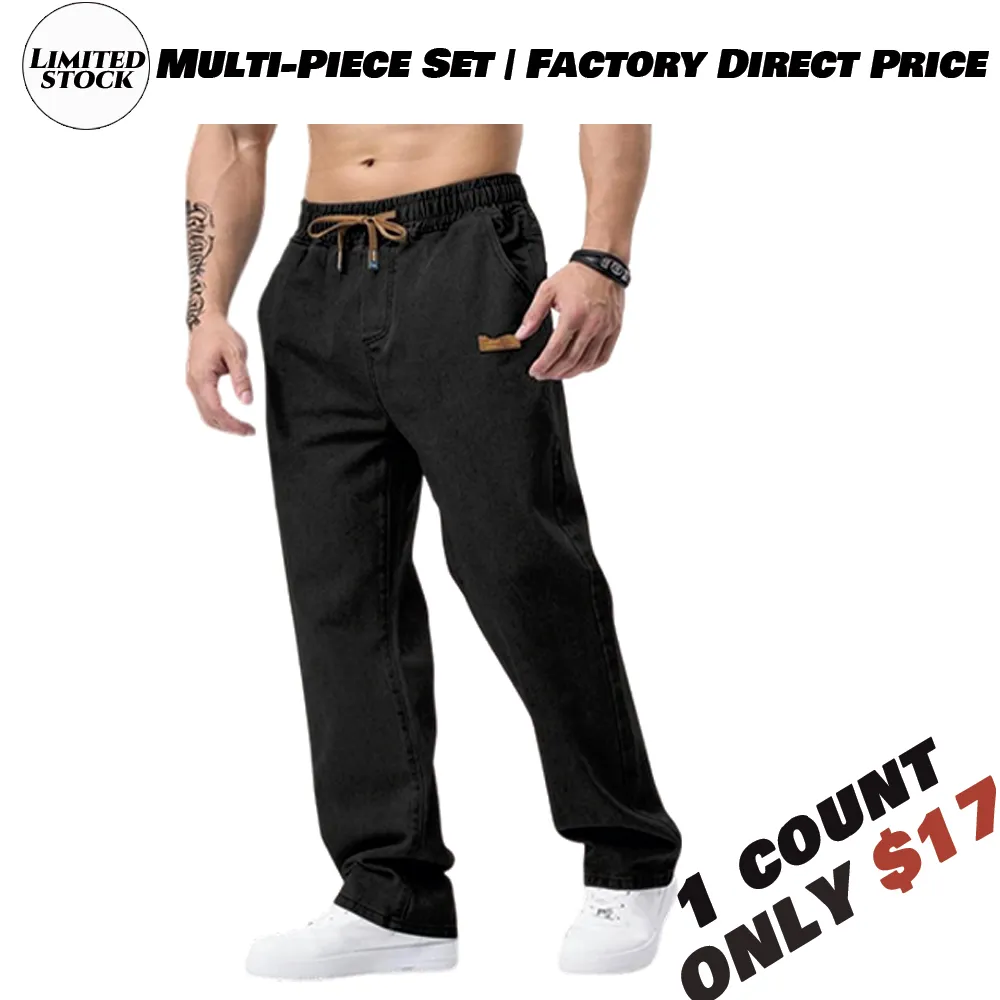 Men's drawstring elastic waist washed and distressed loose straight-leg jeans, non-stretchy denim pants, comfortable and loose fit. Suitable for daily casual wear, urban gatherings, and weekend fashion looks. A must-have trendy men's pants 🔥
