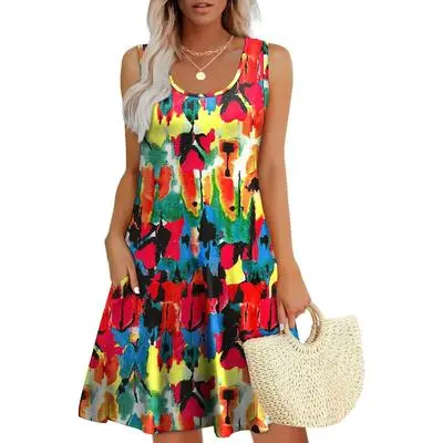 Womens Summer Dresses Loose U Neck Sleeveless Sundresses Dress with Pockets