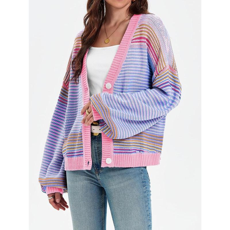 Womens Striped Cardigan Sweaters Oversized Puff Sleeve Button Up V Neck Color Block Knit Sweater Coat