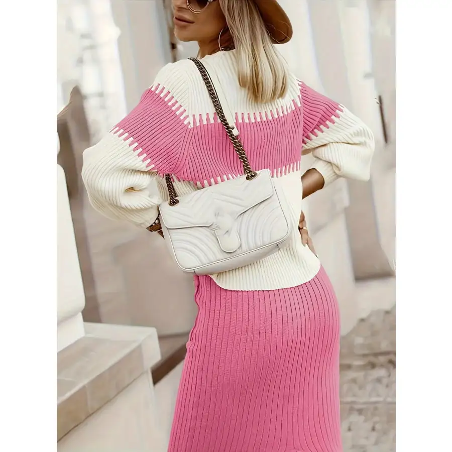 Two Tone Ribbed Knit Top and Skirt Sweater Set