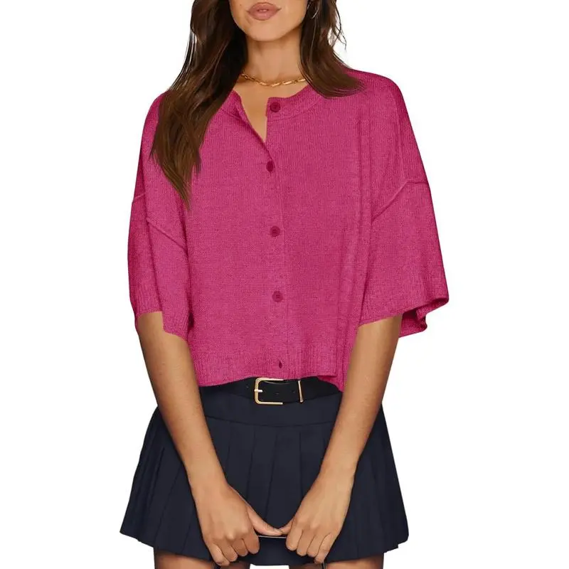 Womens Half Sleeve Cardigan Sweaters Cropped Button Down Tops Oversized Lightweight Ribbed Knit Summer Outfits