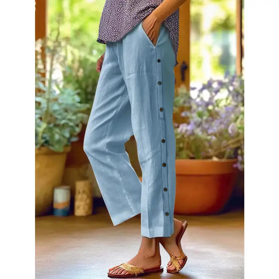 Full Size Side Decor Button Casual Wide Leg Pants Plus Size