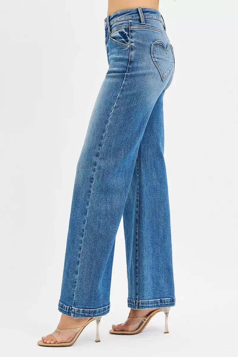 High Rise Heart Pocket Yoke Detail Wide Leg Jeans