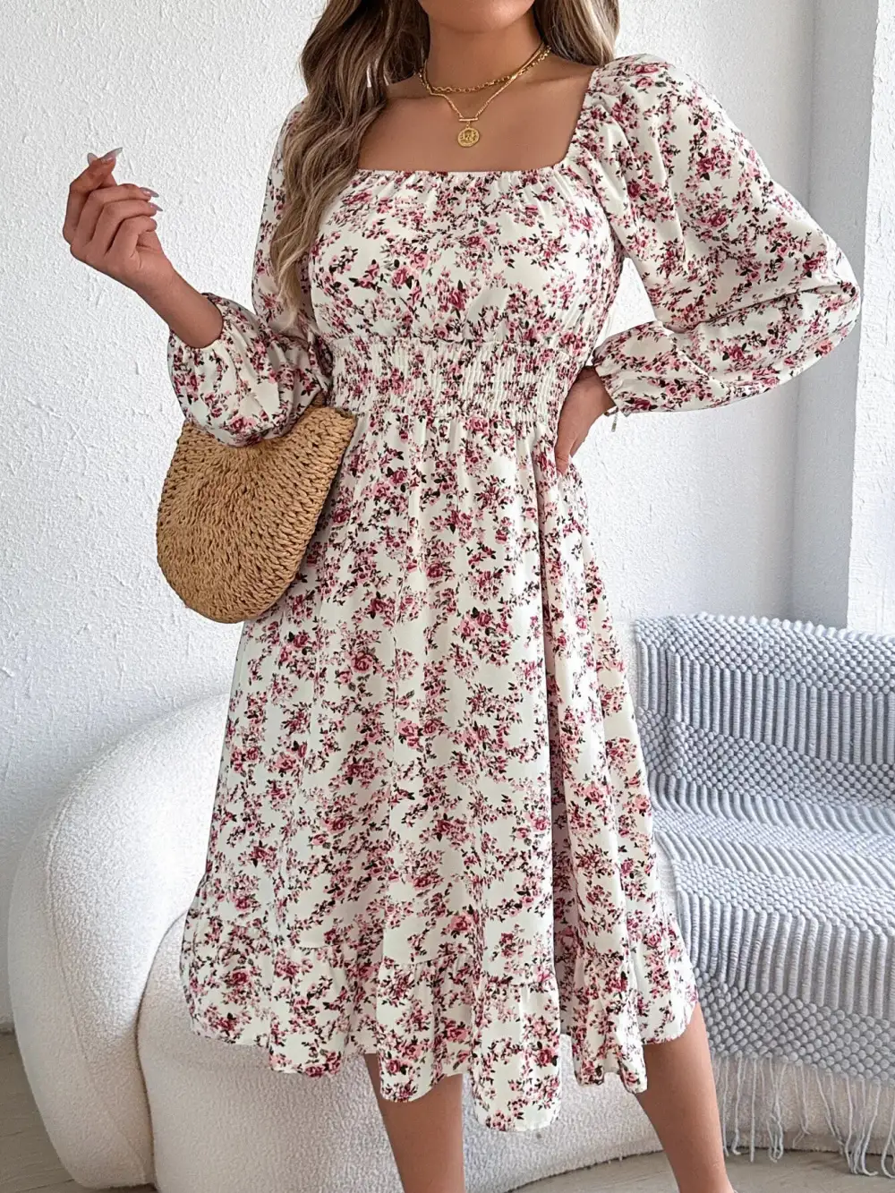 Floral Printed Square Neck Midi Dress