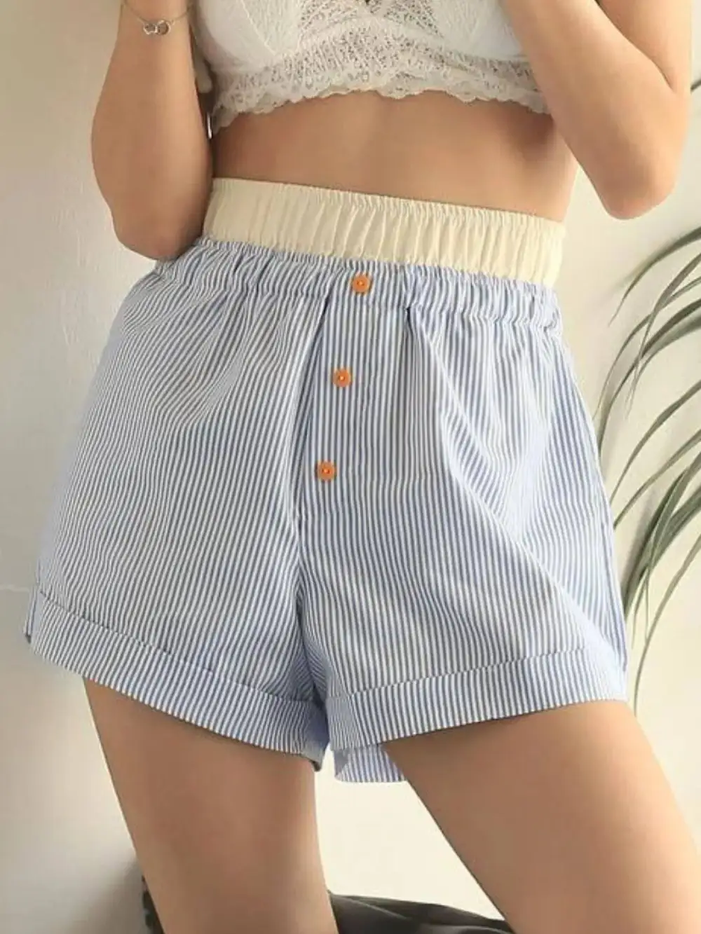 Textured Striped Elastic Waist Shorts