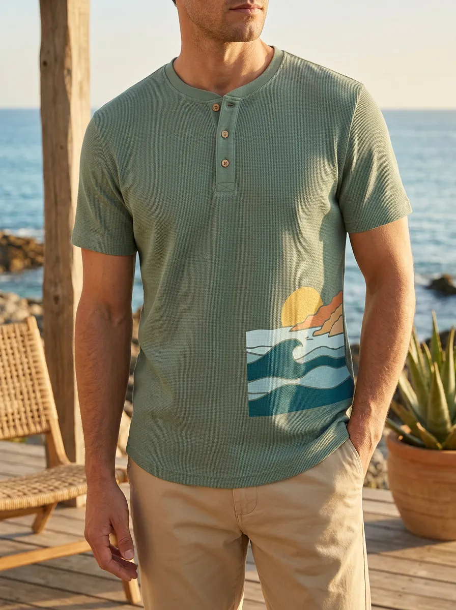 Men's Modern Beach Lover Ocean Sunset Henley T-Shirt