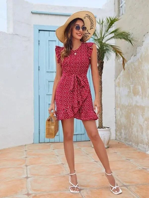 Women Ruffle Trim Allover Heart Belted Dress