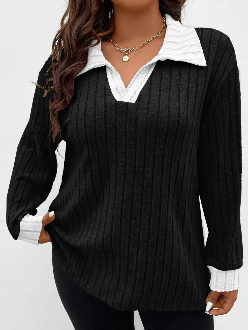 Plus Size Ribbed V-Neck Long Sleeve Tee