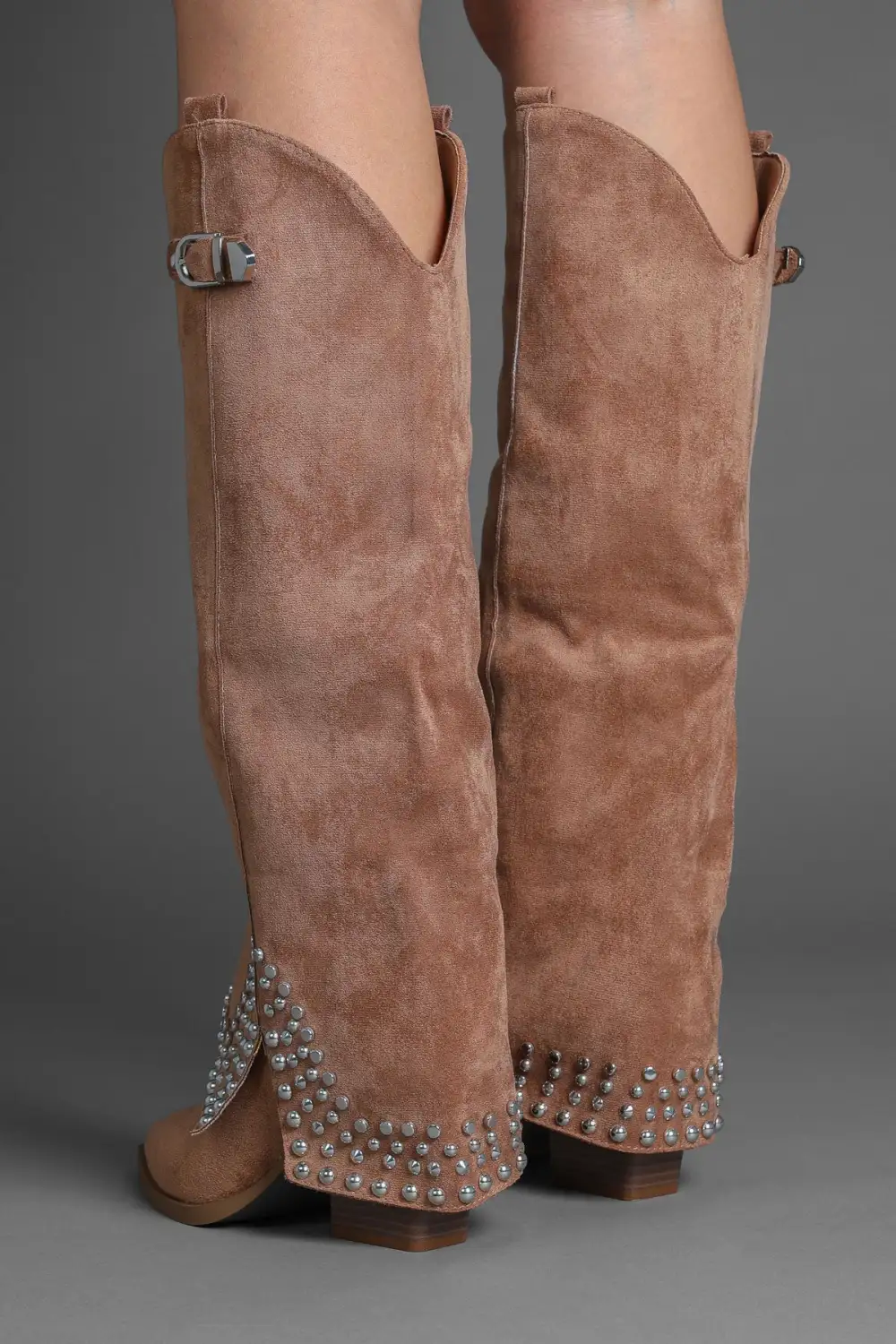 Modern Western Slouch Fold-Over Studded Knee High Boots
