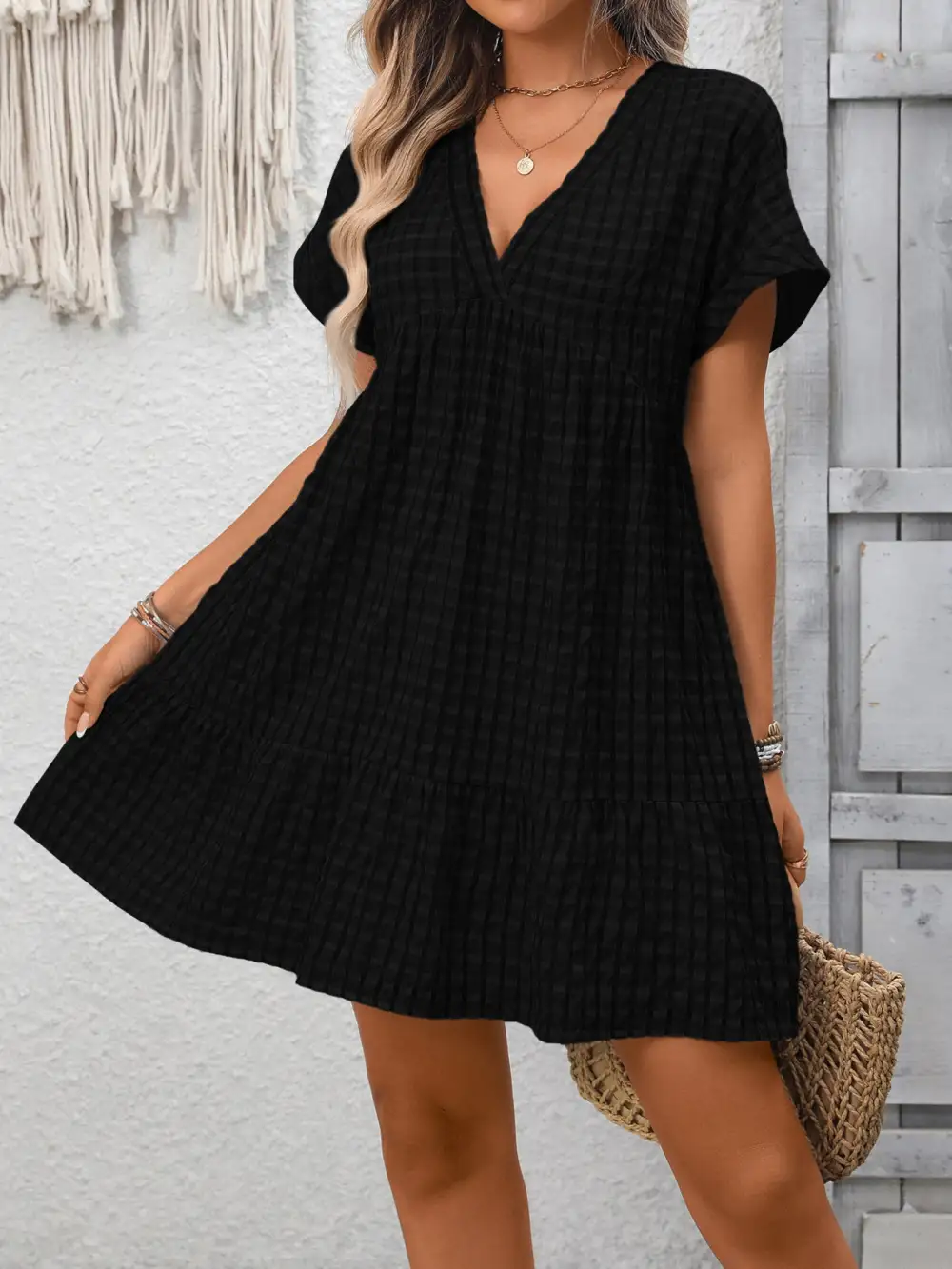 Plaid V Neck Ruffle Mini Dress