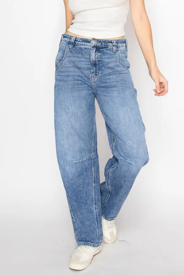 Refined High Rise Barrel Leg Tapered Denim Jeans