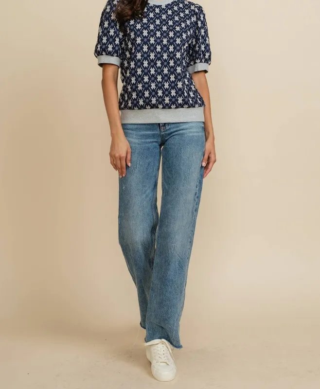 Nordic Star Jacquard Puff Sleeve Knit Top