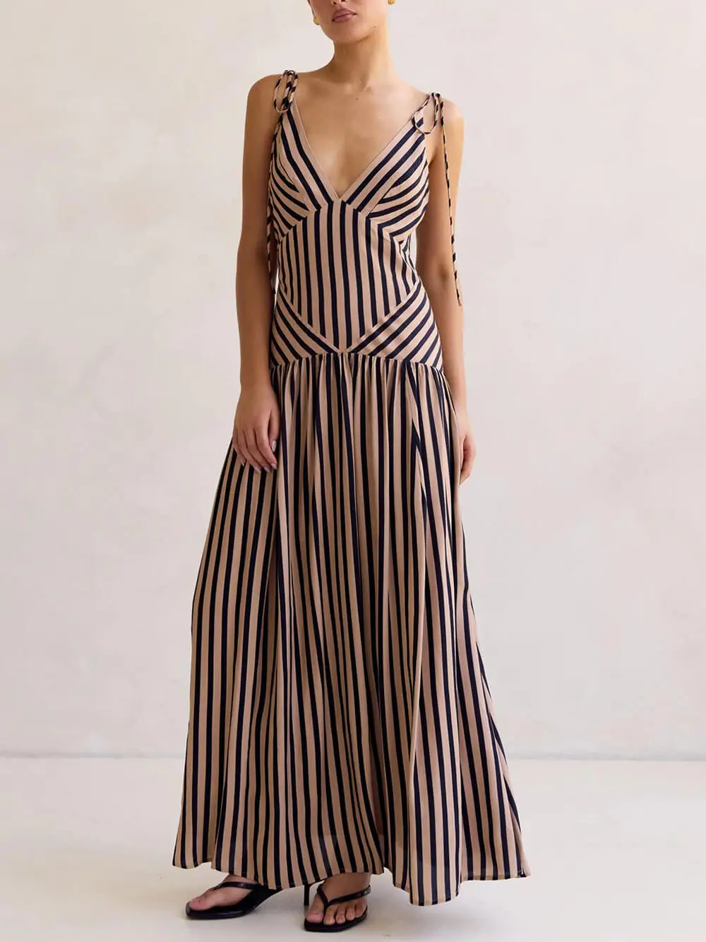 Stripe Print V Neck Maxi Dress