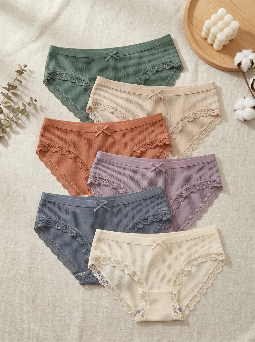 Women's Waffle Knit Bow Detail Lace Trim 6-Pack Underwear Set