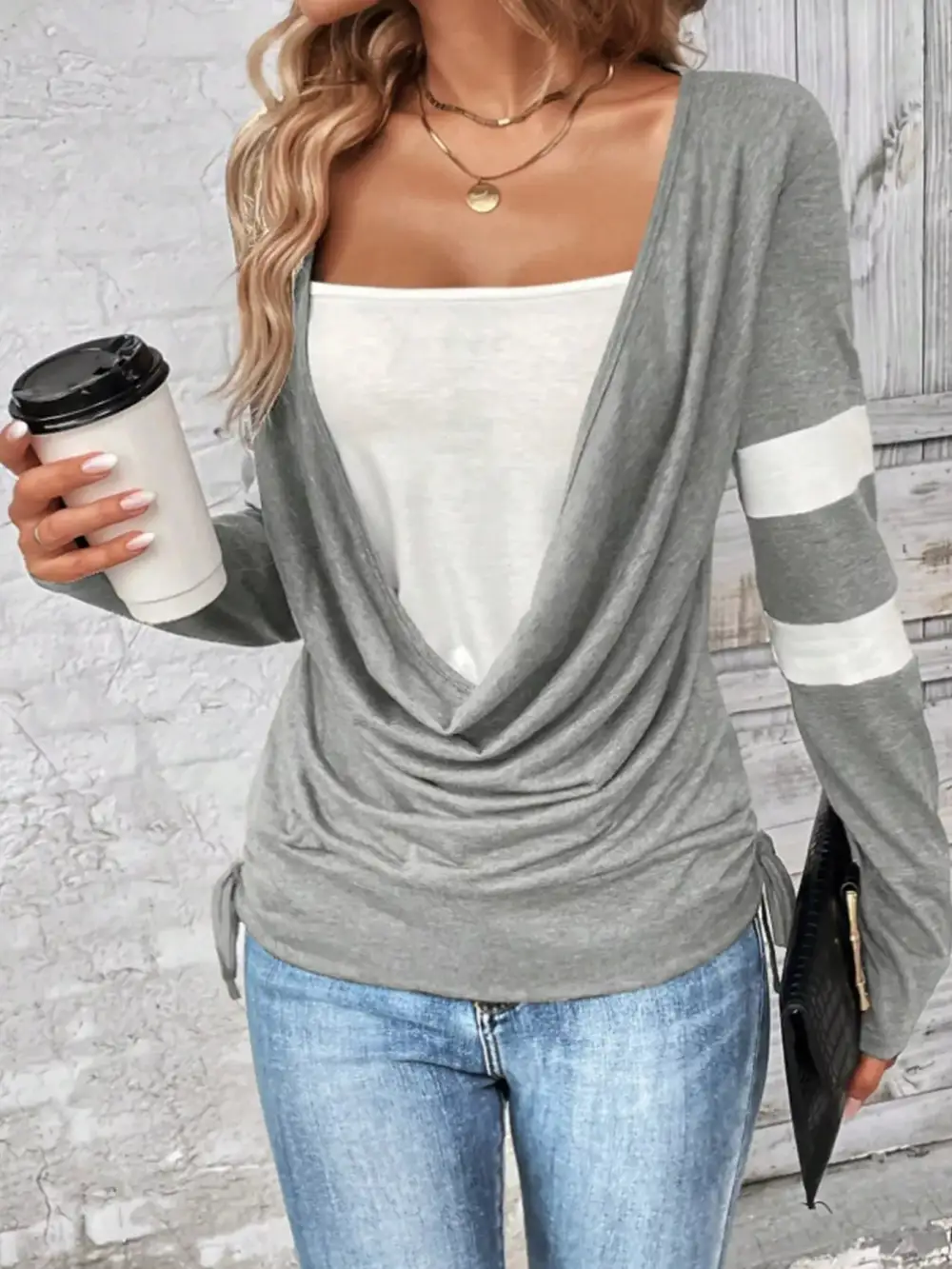 Cowl Neck Long Sleeve Fake Two-Piece T-Shirt