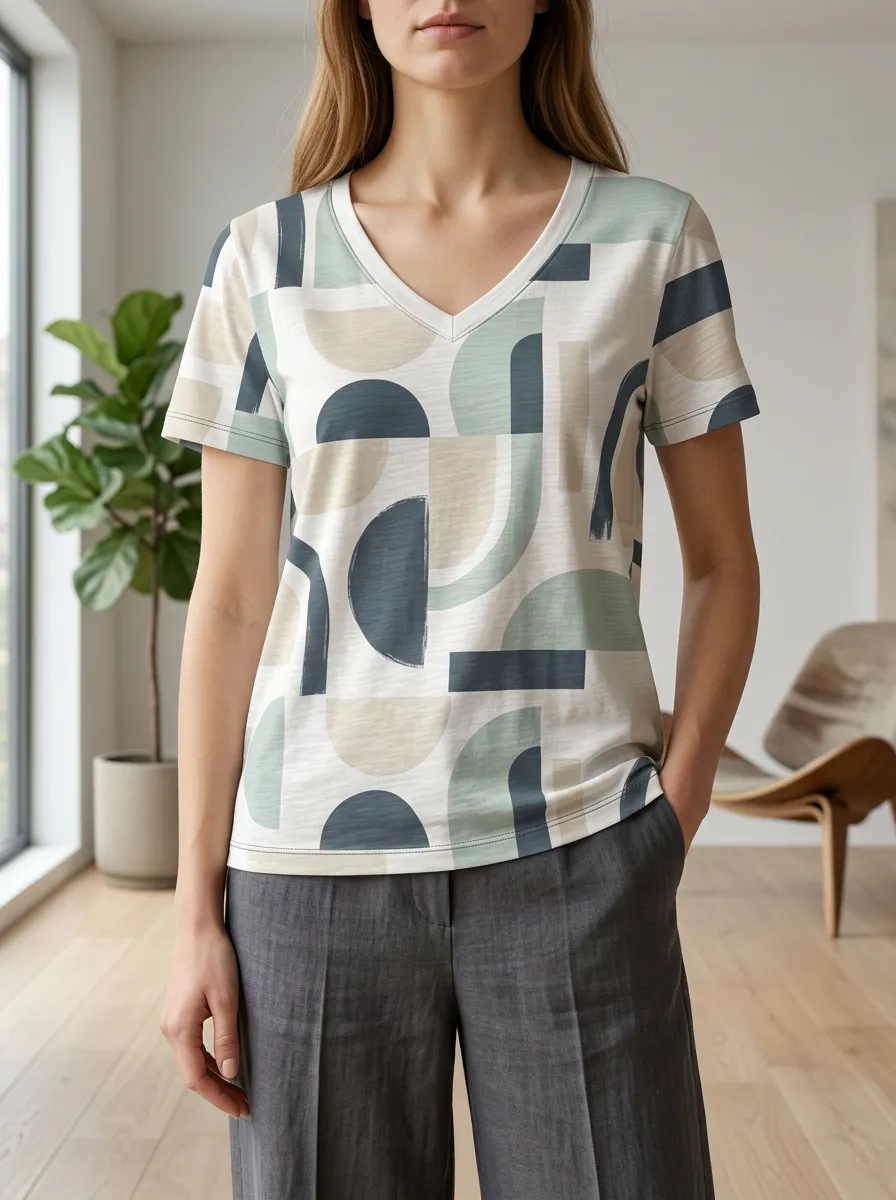 Women's Modern Geometric Abstract Pattern V-Neck T-Shirt
