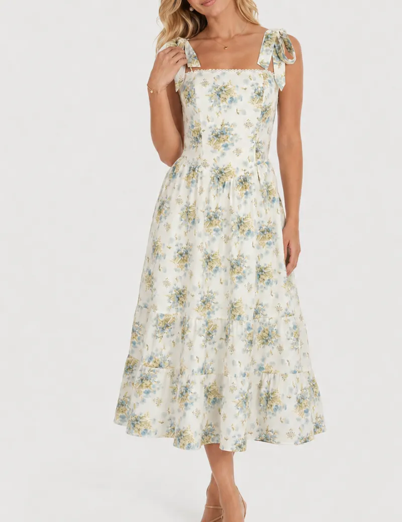 Strap Lace Trim Square Neck Midi Dress
