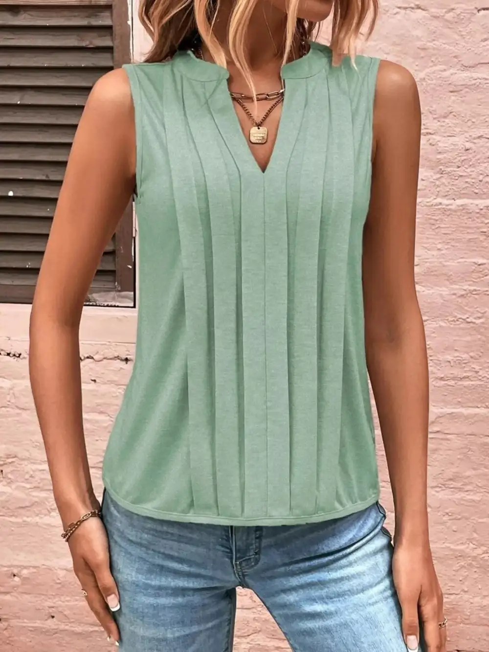 Sleeveless Pleated Notched Tank