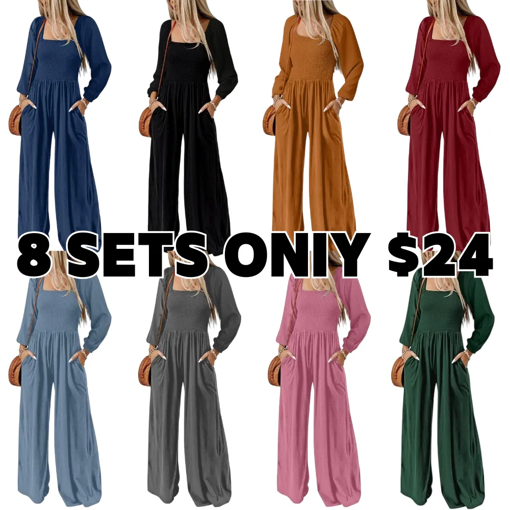 Women's Wide Leg Jumpsuit - Long Sleeve Loose Fit Overalls with Pockets
