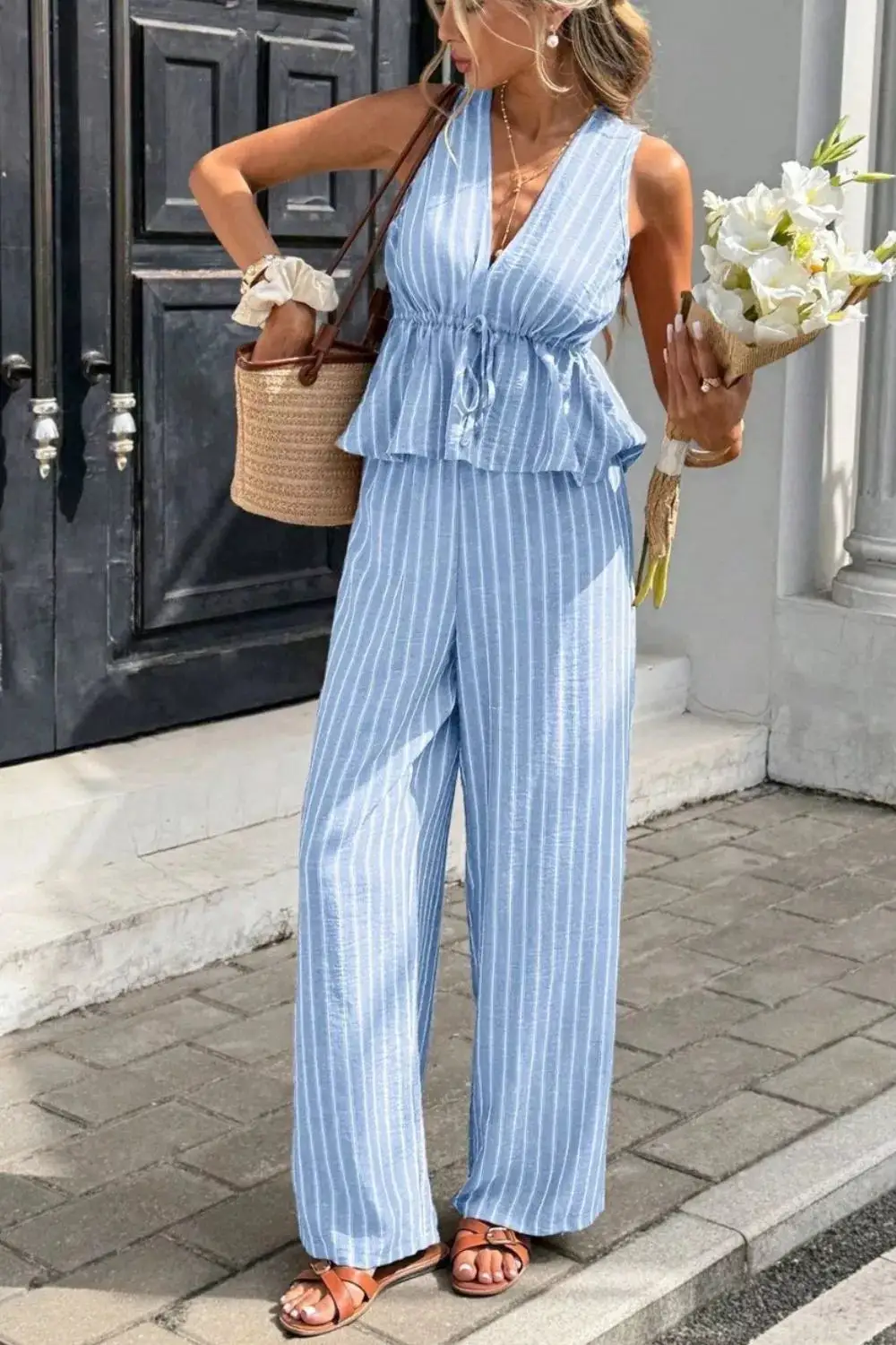 Textured Striped Sleeveless Top and Wide Leg Pants Set