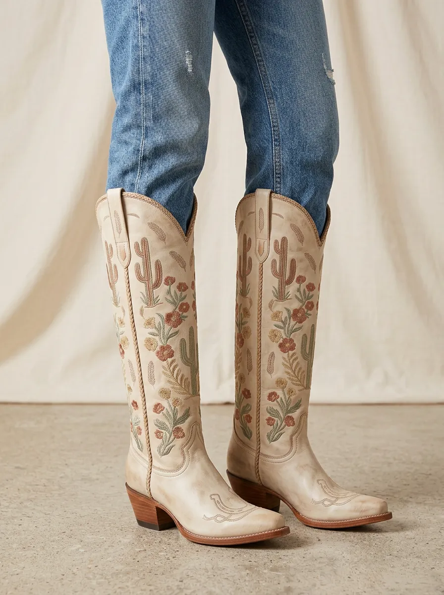 Women's Cactus Floral Embroidered Braided Piped Pointed-Toe Western Denim Over-the-Knee Boots