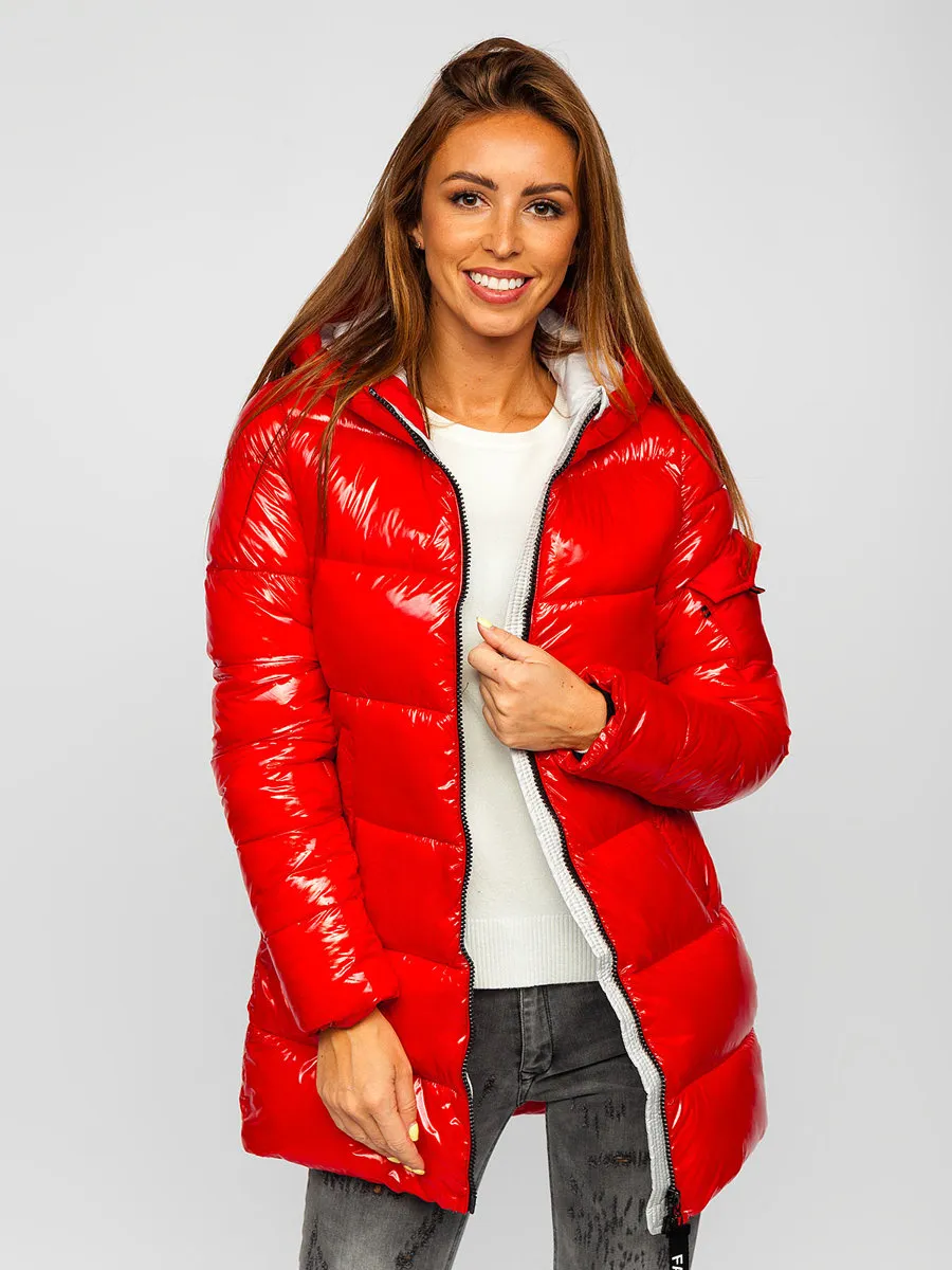 women's red quilted winter jacket with hood