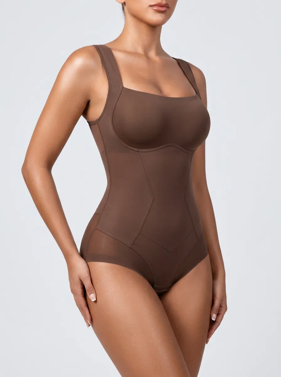 Women's Brown Square Neck Seamless Sculpting Bodysuit Shapewear
