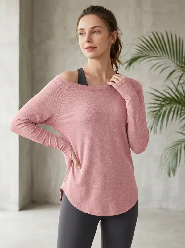 Performance-Inspired Off-Shoulder Graphic Print Classic Look Women's One Shoulder Long Sleeve Yoga Top