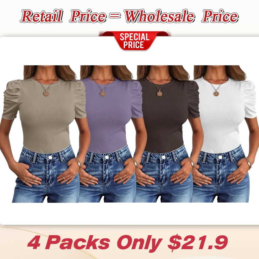 Women Puff Short Sleeve Crewneck Dressy Casual Tops