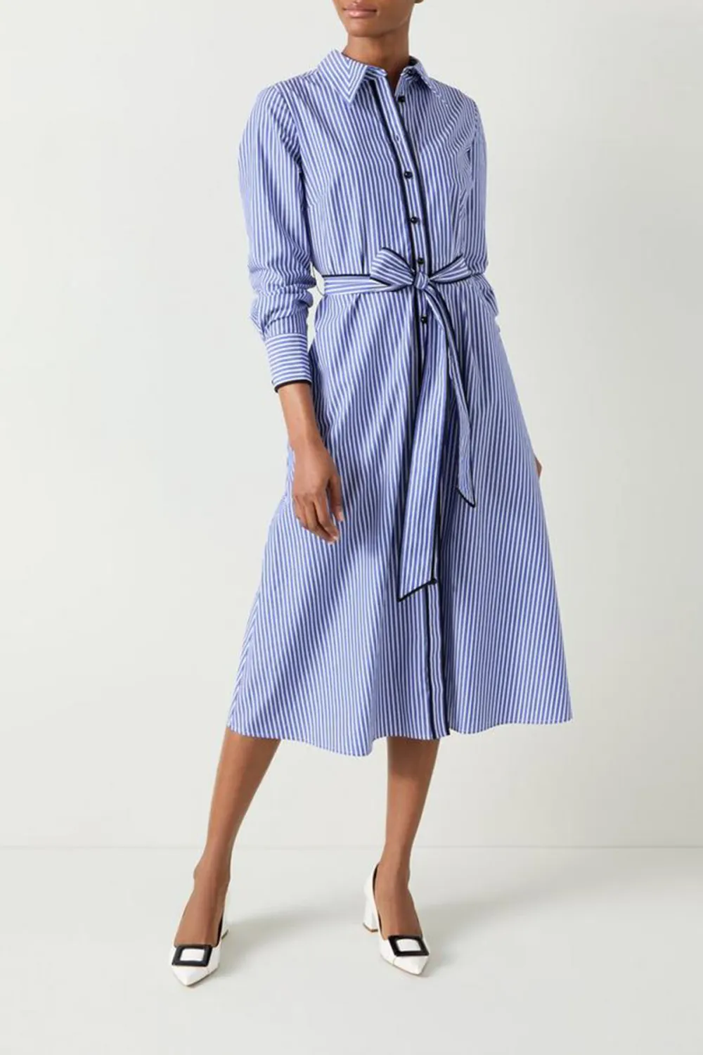 Blue Striped Tie Waist Shirt Dress